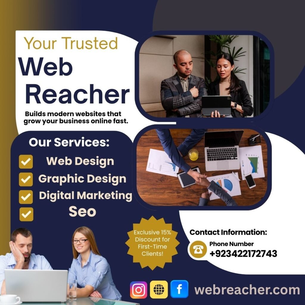 "Creative WebReacher portfolio highlighting graphic designing, branding, and digital marketing work"